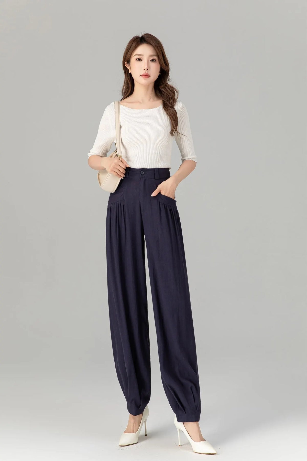 Navy Linen Wide Leg Pants - Loose Fit with Lantern Silhouette 4937