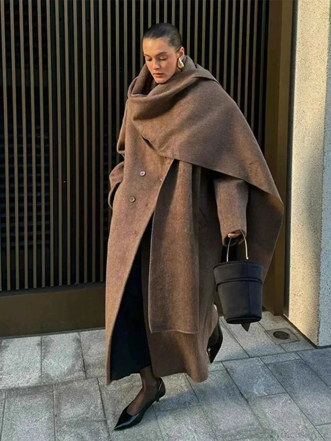 Long Double-Breasted Coat with Classic Lapel Collar