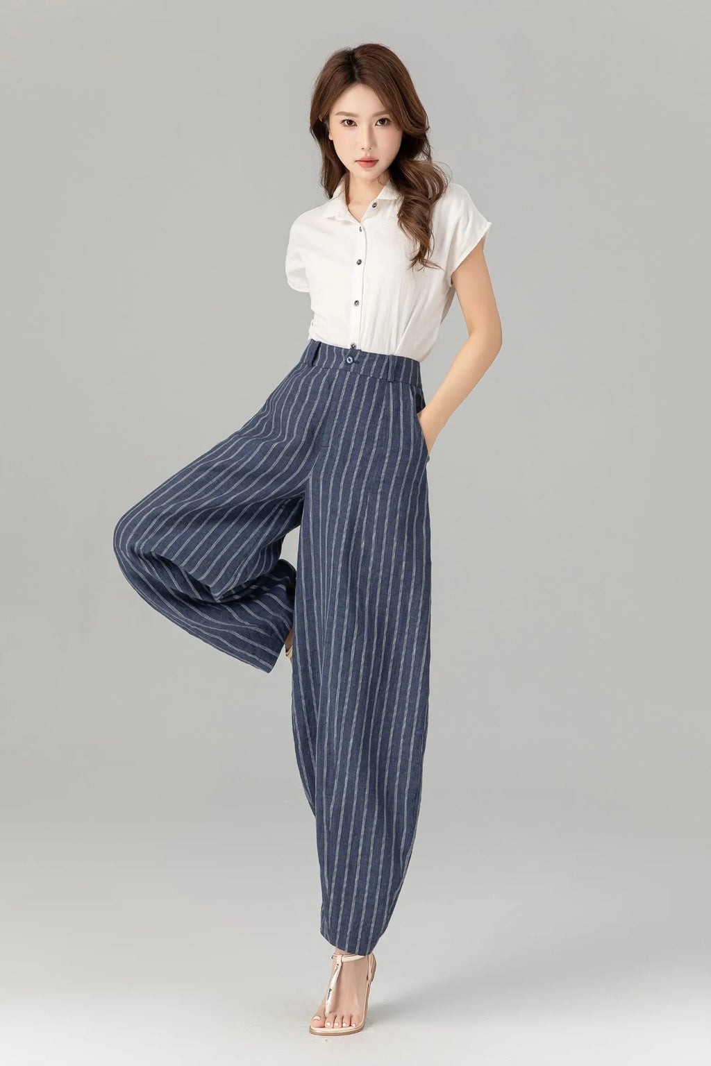 Blue Linen Pants - Plus Size Striped Ankle-Length Relaxed Fit 4939