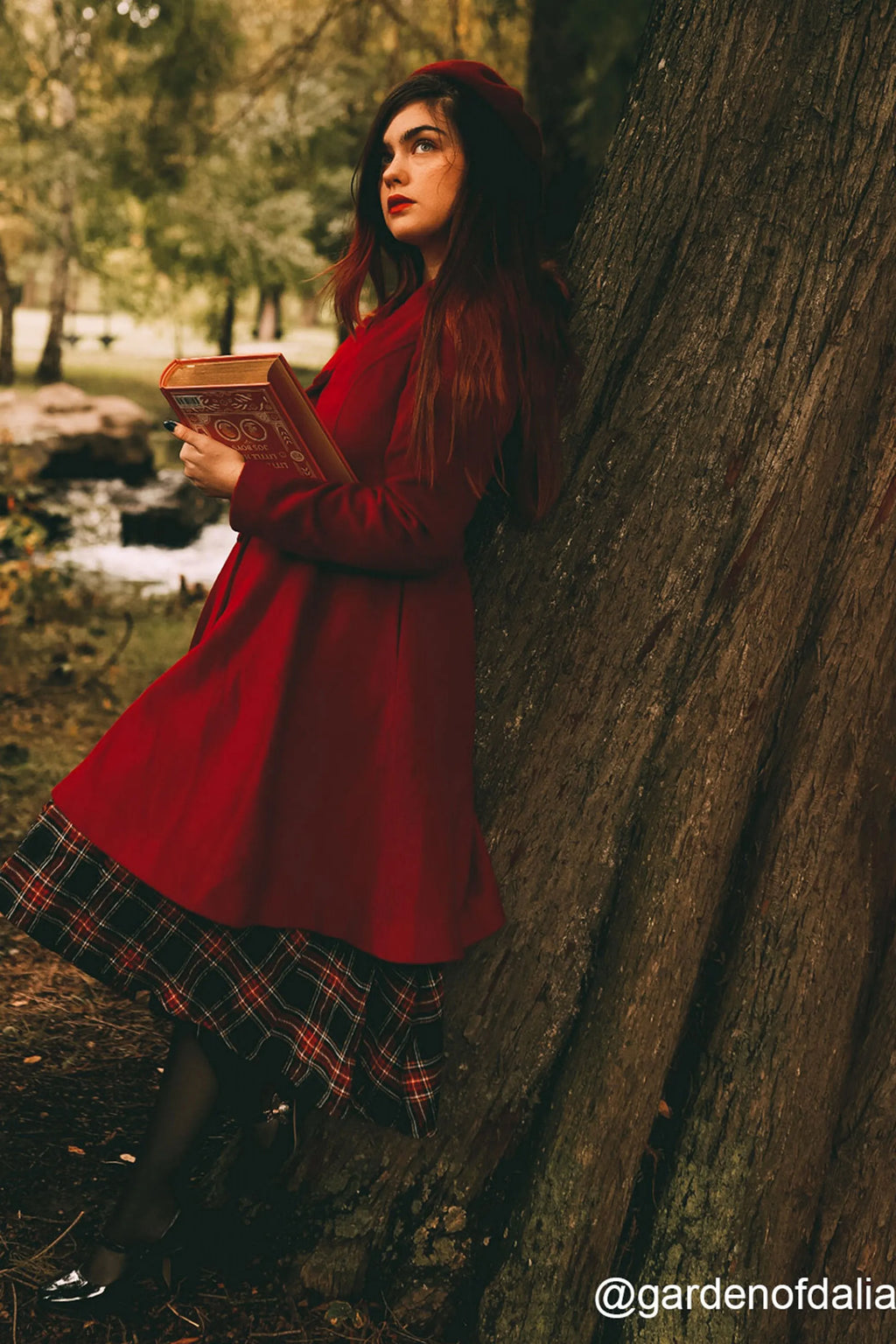 Red Wool Midi Coat - Hooded Empire Waist Swing Silhouette 2415