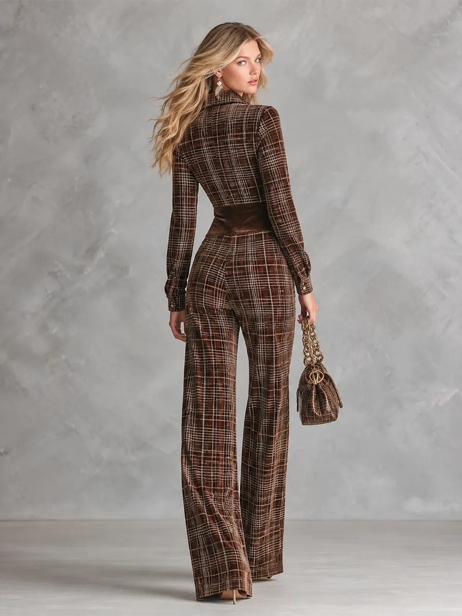 Retro Chocolate Brown Plaid Velvet Front-Zip Jumpsuit