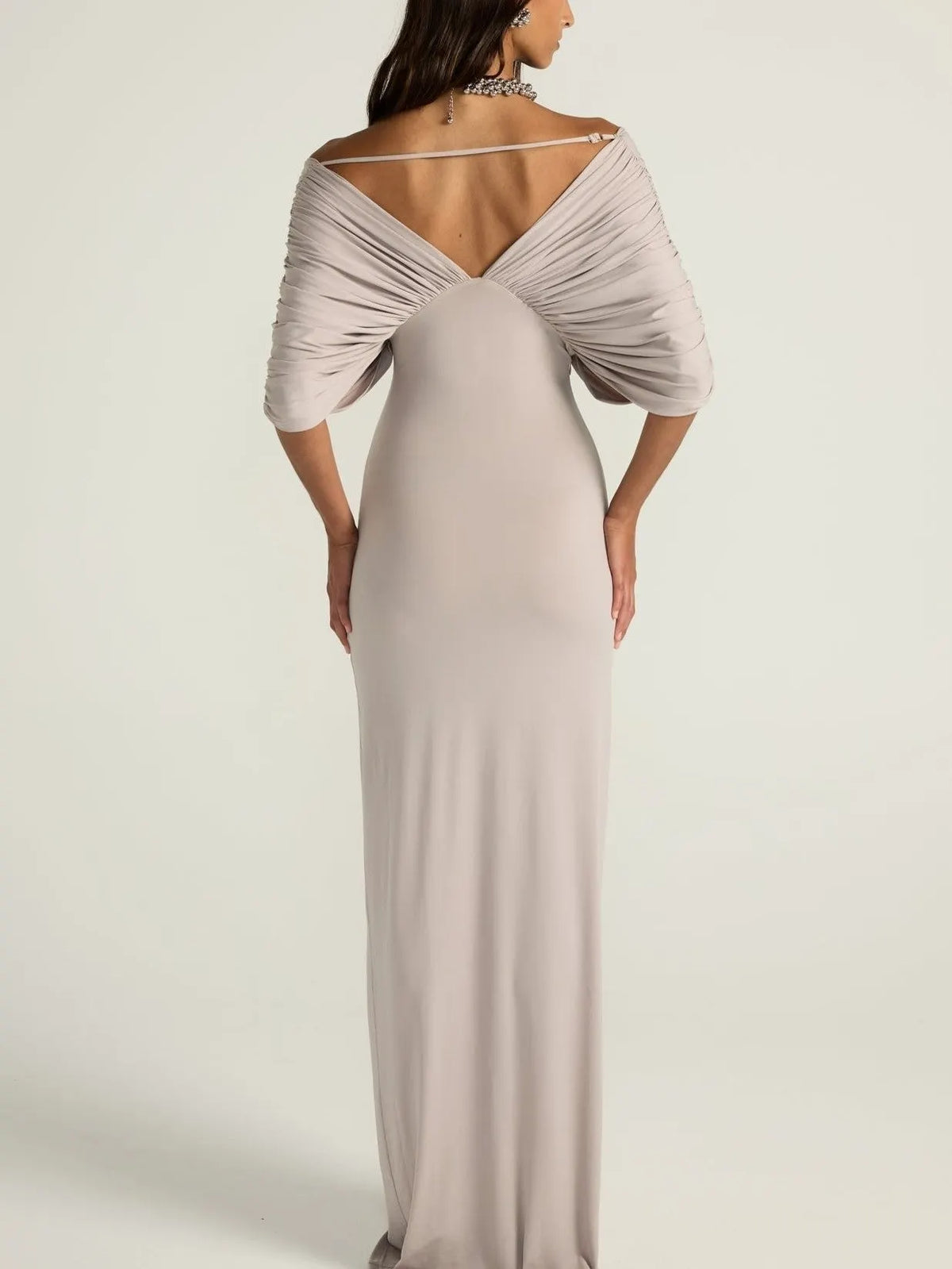 Grey Draped Off-Shoulder Maxi Dress