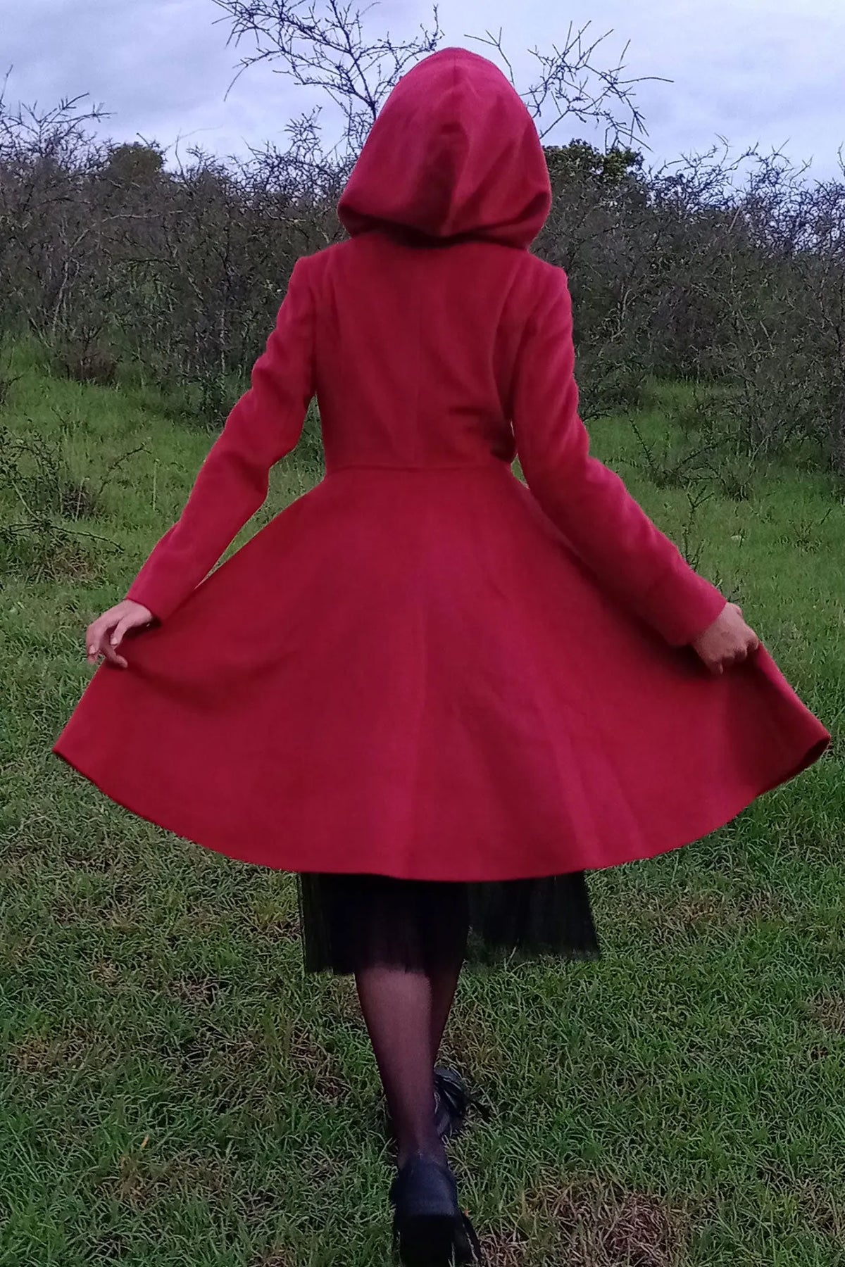Red Wool Hooded Coat - Fit and Flare Swing Silhouette 3226