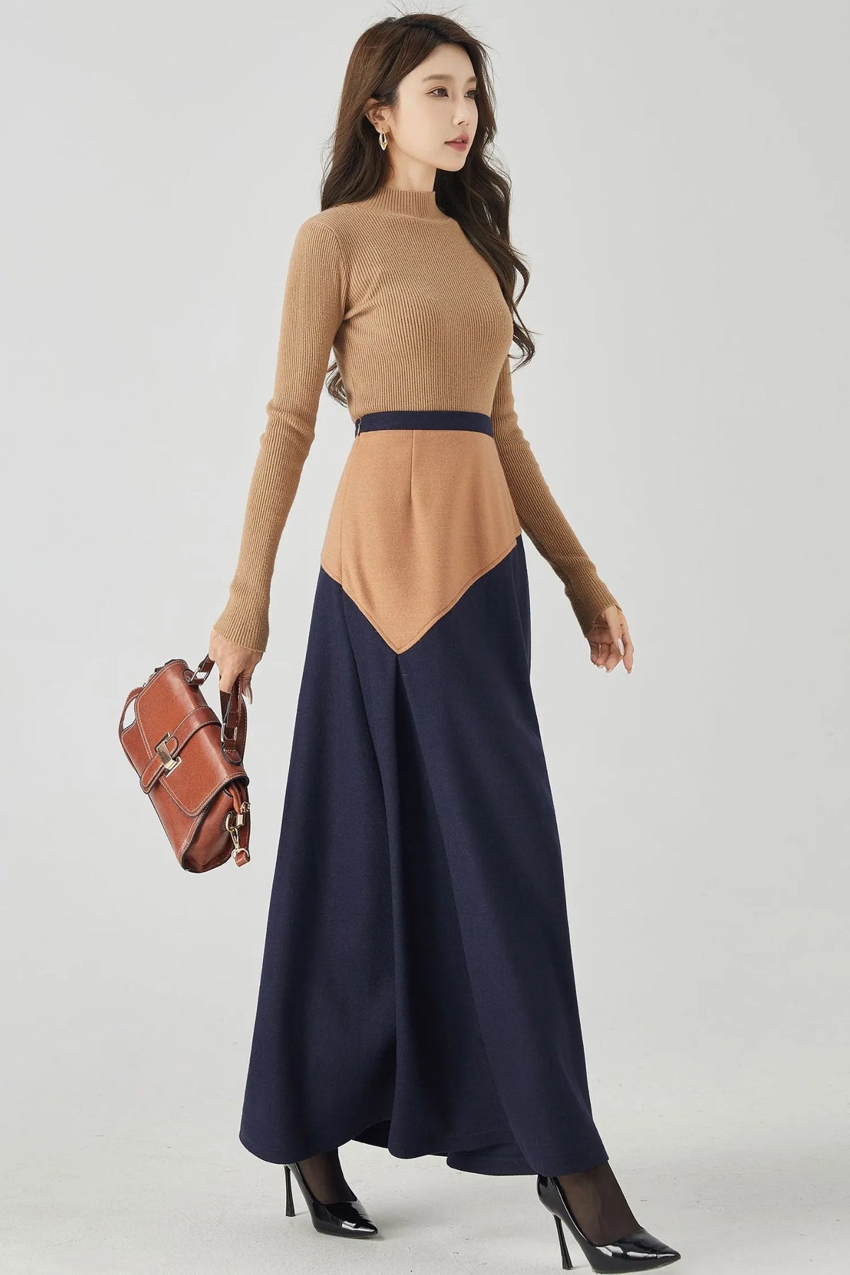 Camel and Navy Wool A-Line Maxi Skirt - Patchwork Slimming Fit 4537