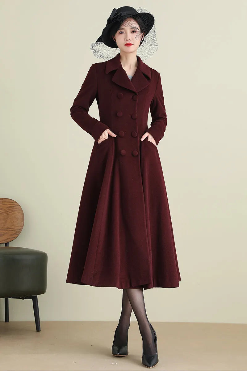 Handmade Wine Red Wool Coat – Vintage Double-Breasted Fit and Flare Overcoat 