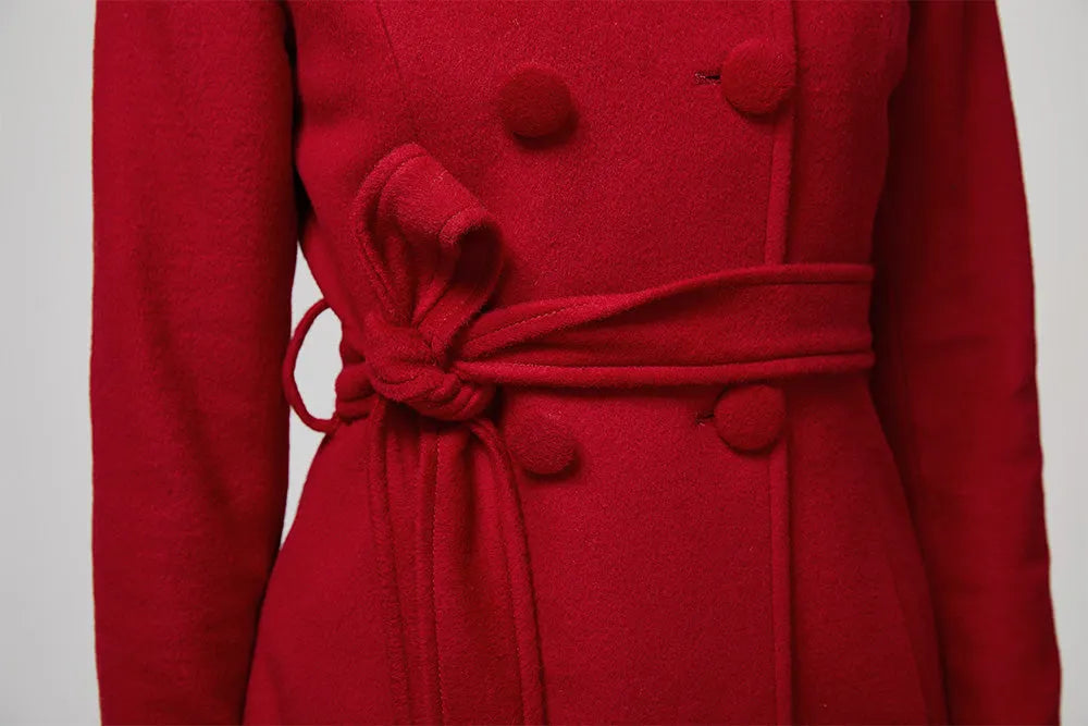 Red Wool Blend Hooded Coat – Handmade Double-Breasted Winter Elegance 2199