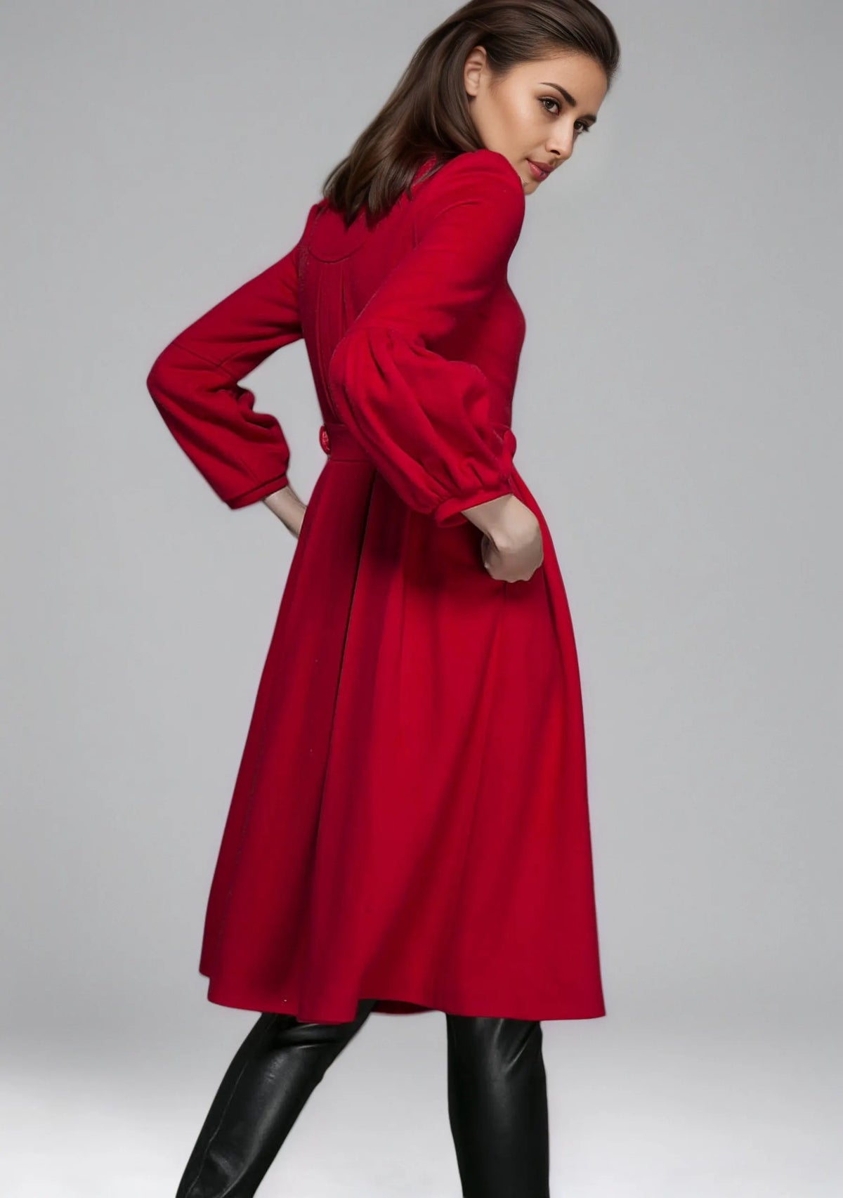 Vintage Red Wool Princess Coat – Bracelet Sleeves, Below-Knee, Pleated Skirt 6350