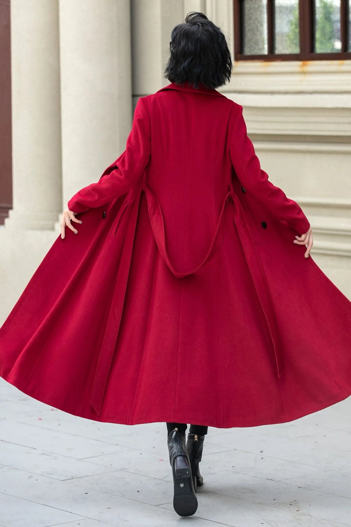 Red Wool Maxi Coat - Double-Breasted Fit & Flare Silhouette 5348