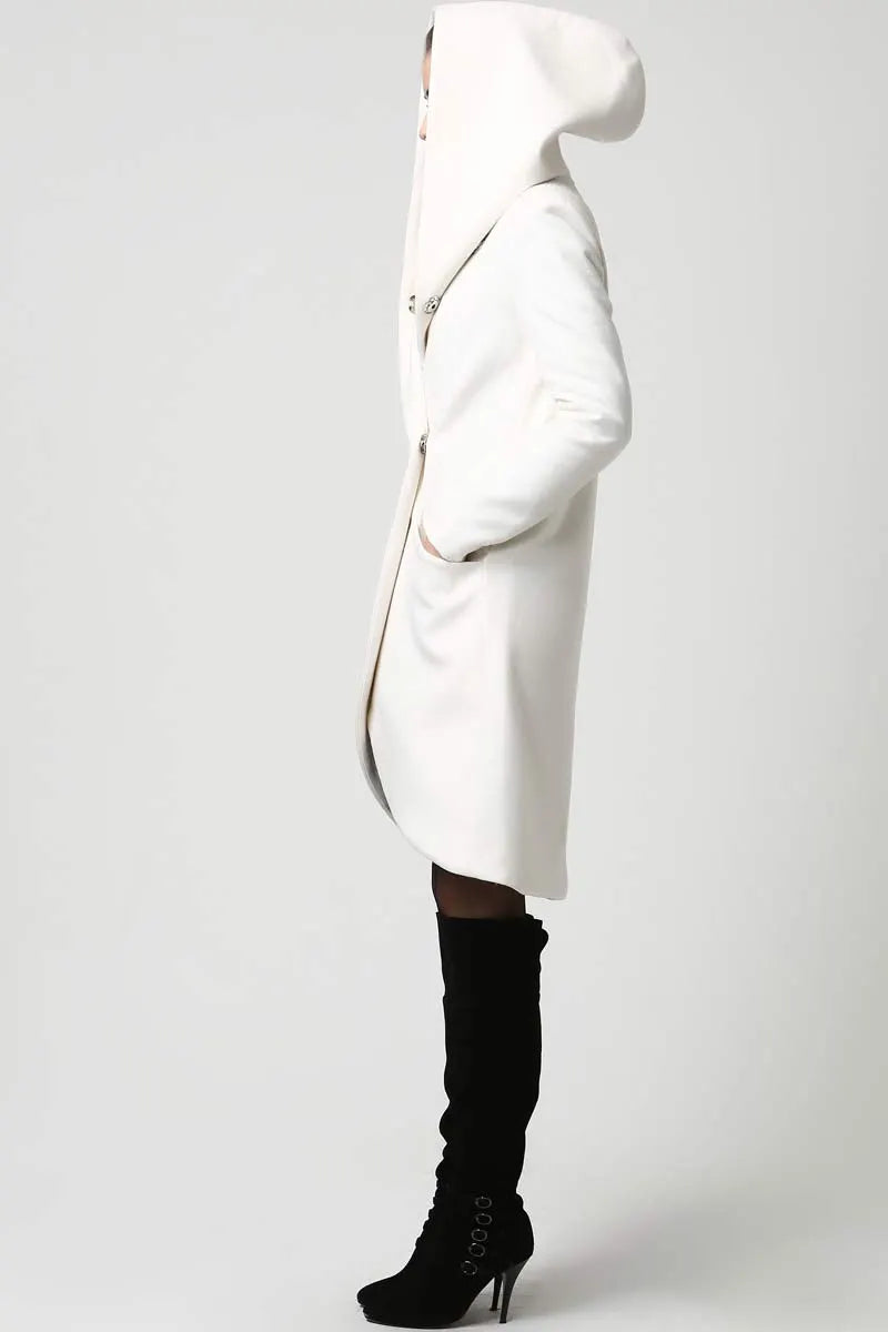 White Wool Blend Coat - Draped Hood Asymmetric Hem 