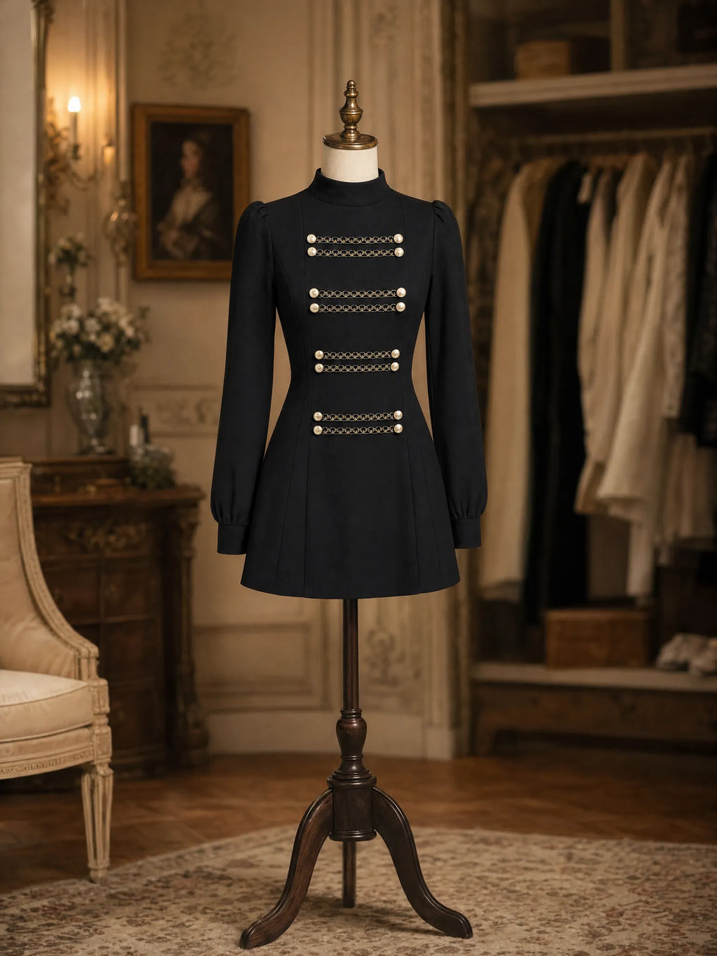 Vintage Military‑Style High Neck Gold Button Long Sleeve A‑Line Mini Dress