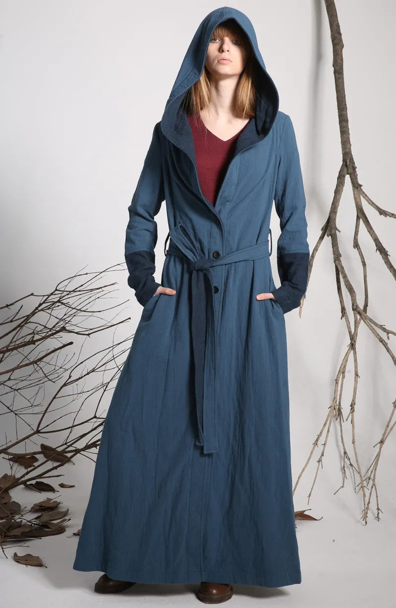 Blue Linen Cotton Trench Coat - Hooded Ankle-Length 