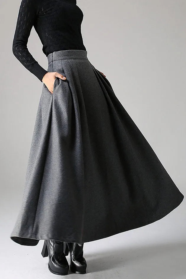 Dark Grey Wool Blend Maxi Skirt – Handmade Pleated High Waist Winter Elegance 1091