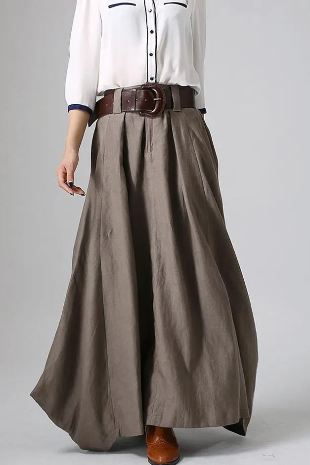 Gray Brown Linen Maxi Skirt – Handmade High Waisted Spring Skirt 