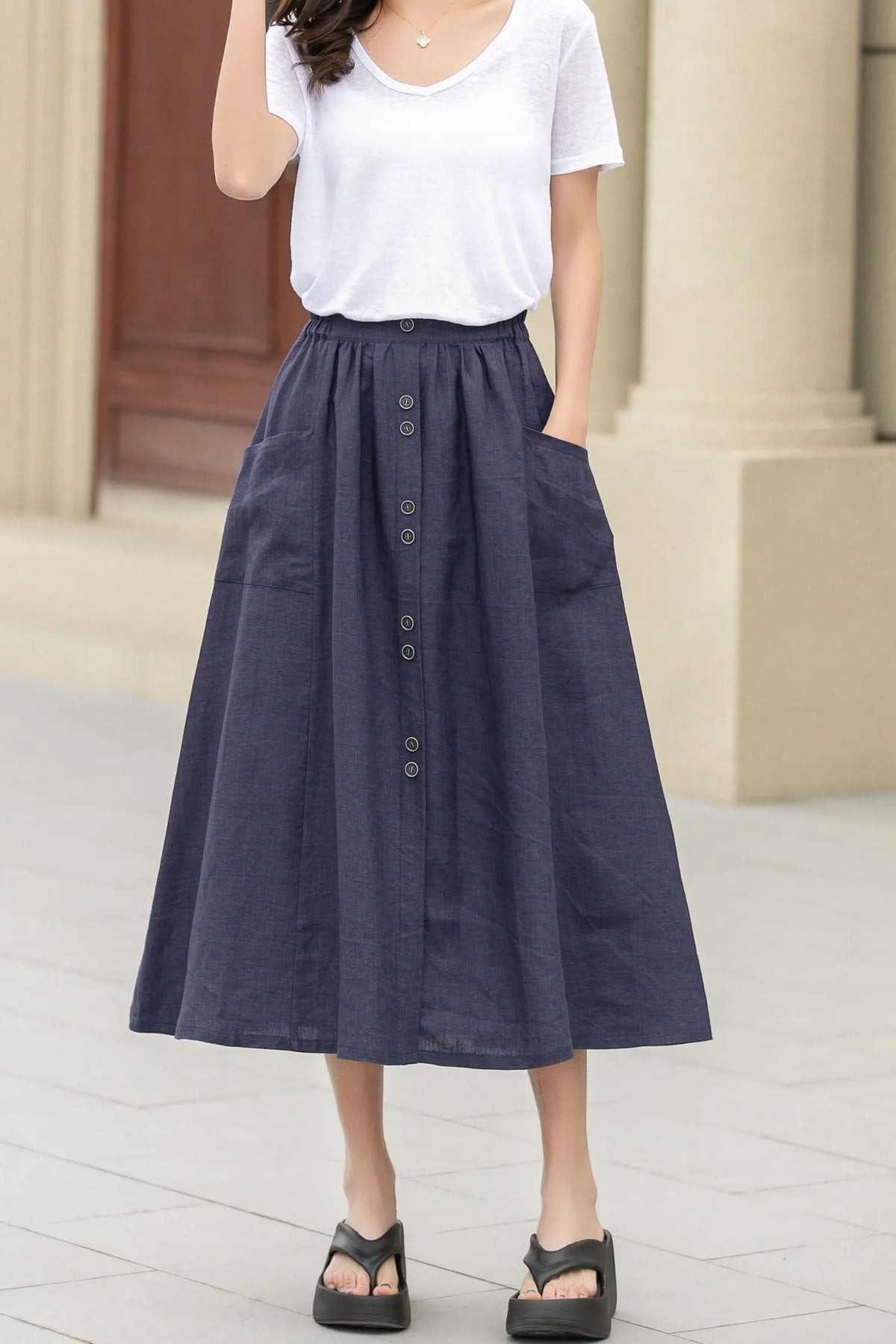 Dark Blue Linen Midi Skirt - Button-Up, Elastic Waistband 4944