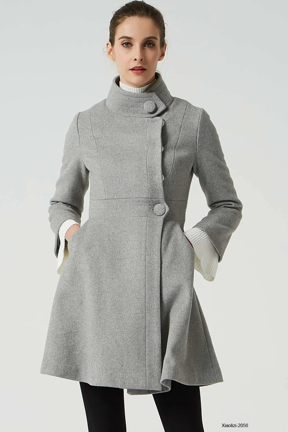 Light Grey Wool Coat - Fitted Waist with Stand-Up Collar 2056