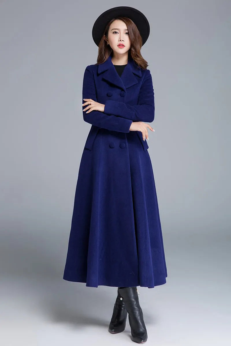 Blue Wool Winter Coat – Double Breasted Long Overcoat with Pockets  1685