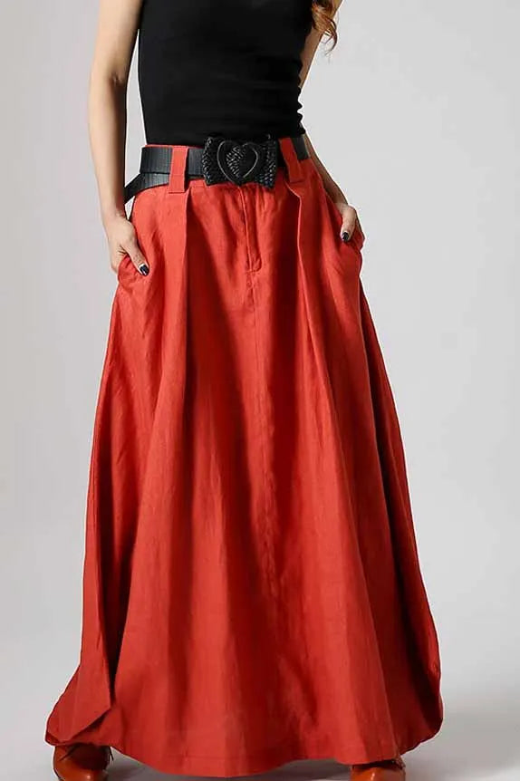 Women’s Handmade Linen Maxi Skirt – Orange Asymmetrical Flowy Skirt 