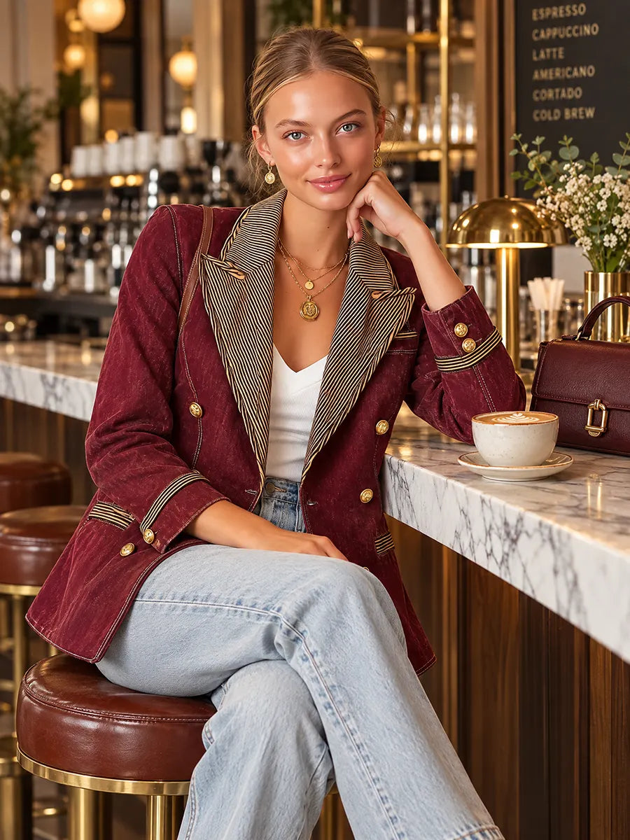 Burgundy Double and Striped Lapels Breasted Blazer