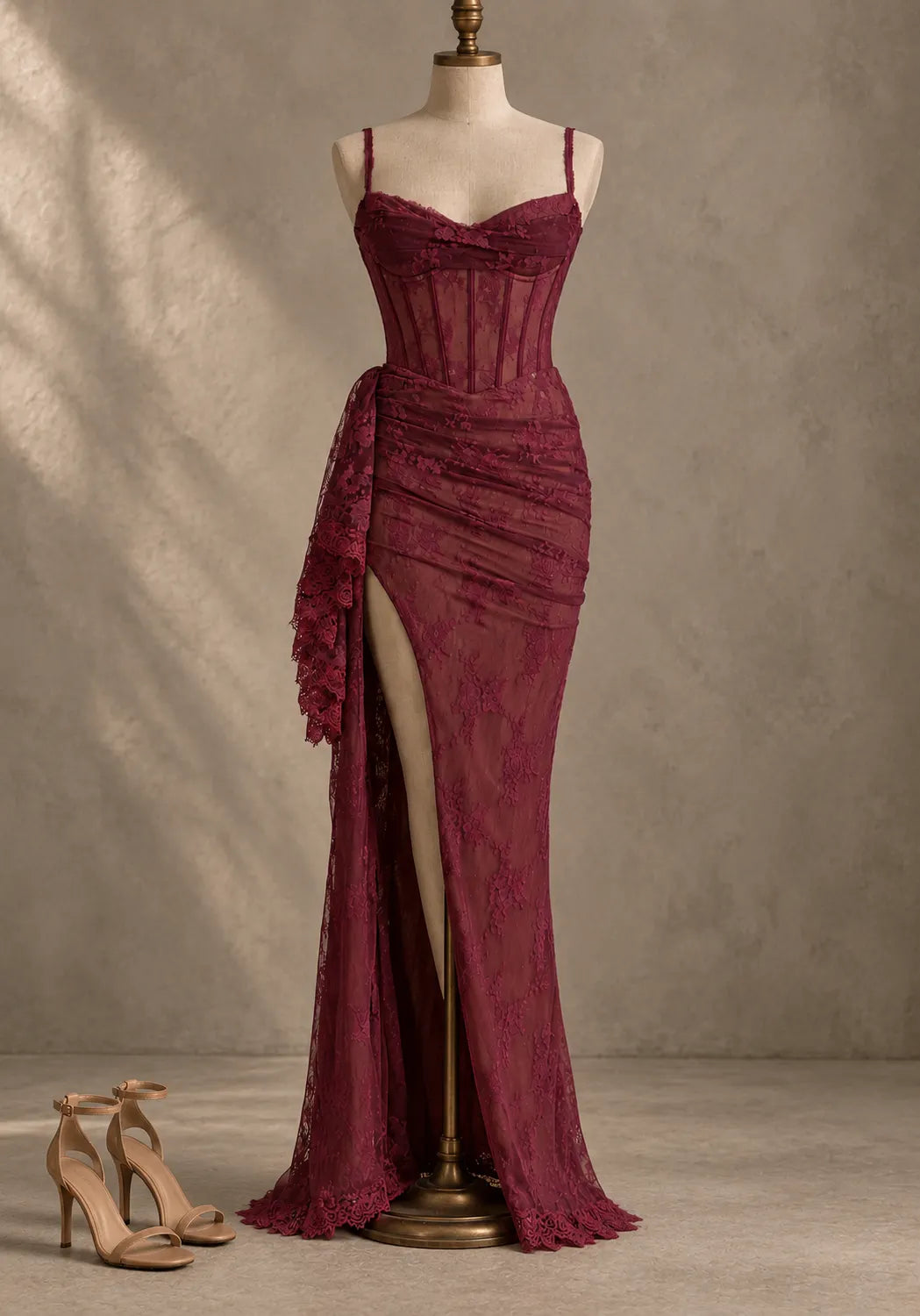 Burgundy Lace Corset High Slit Maxi Dress