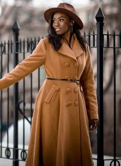 Camel Wool Blend Coat - Double Breasted, Mid-Calf Length 4078