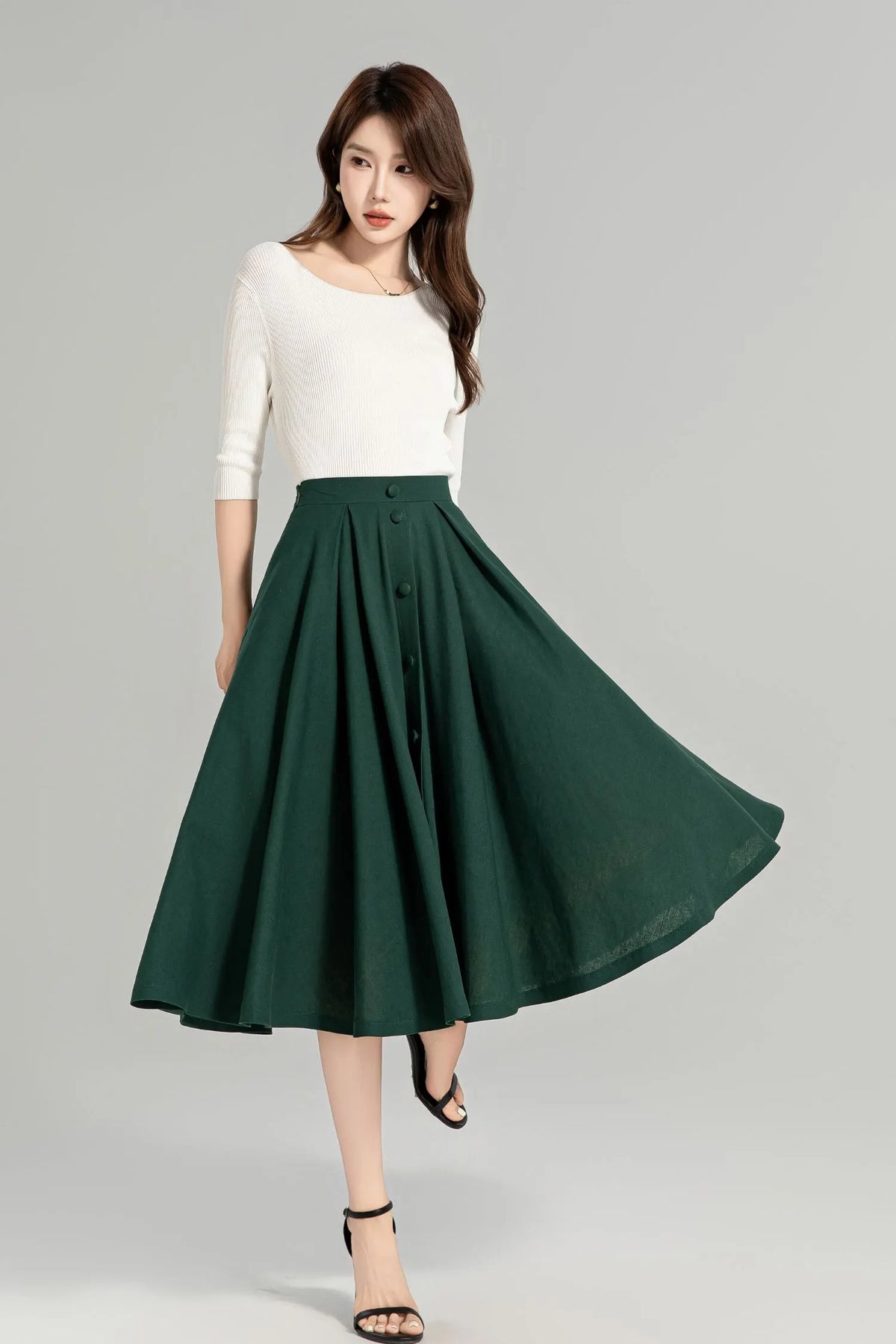 Dark Green Linen-Cotton Midi Skirt - A-Line Silhouette, Button-Down Detail 4963