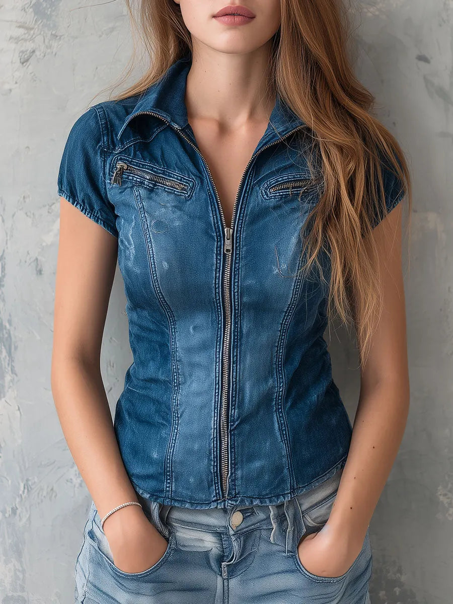 Utility Denim Zip-Front Fitted Short Sleeve Shirt