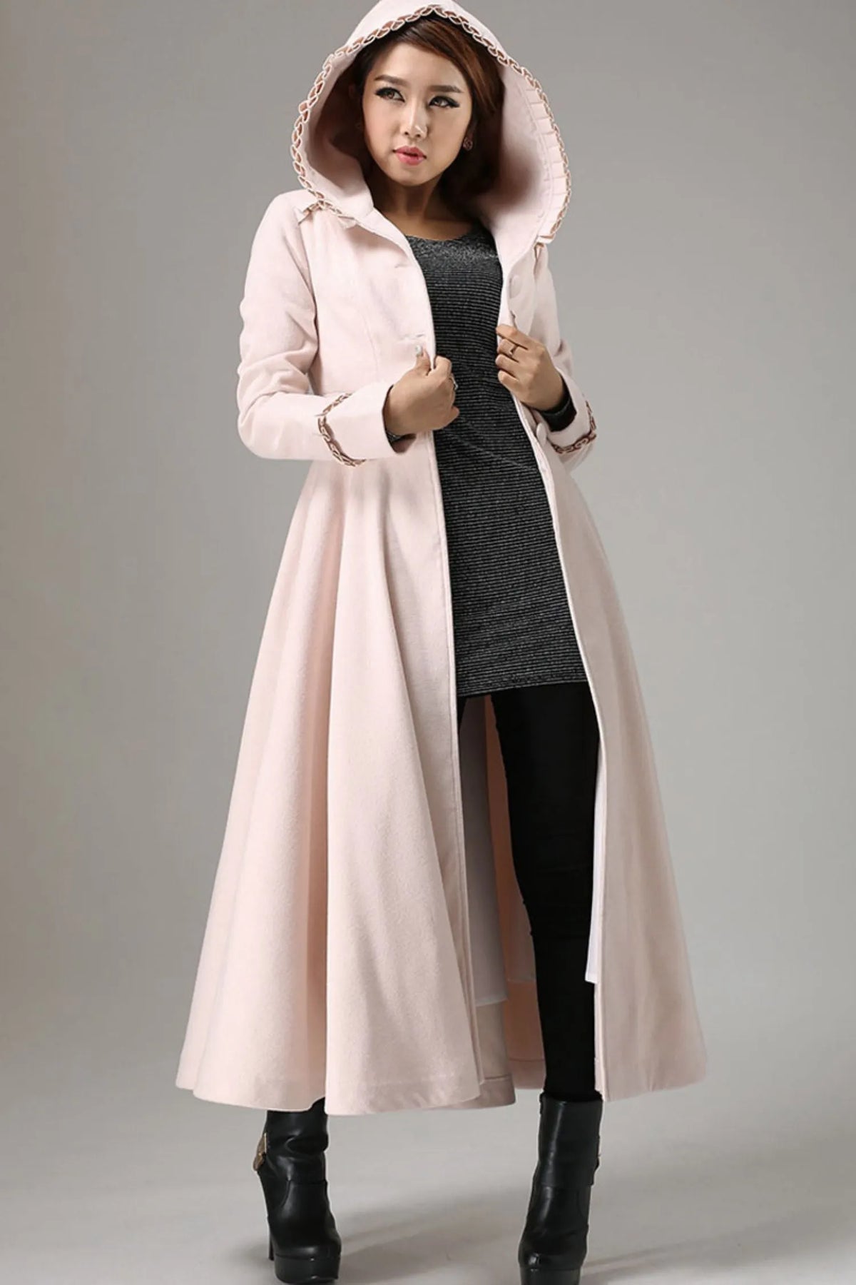 Vintage Pink Wool Blend Coat – Ruffle Hood Long Winter Coat for Women 