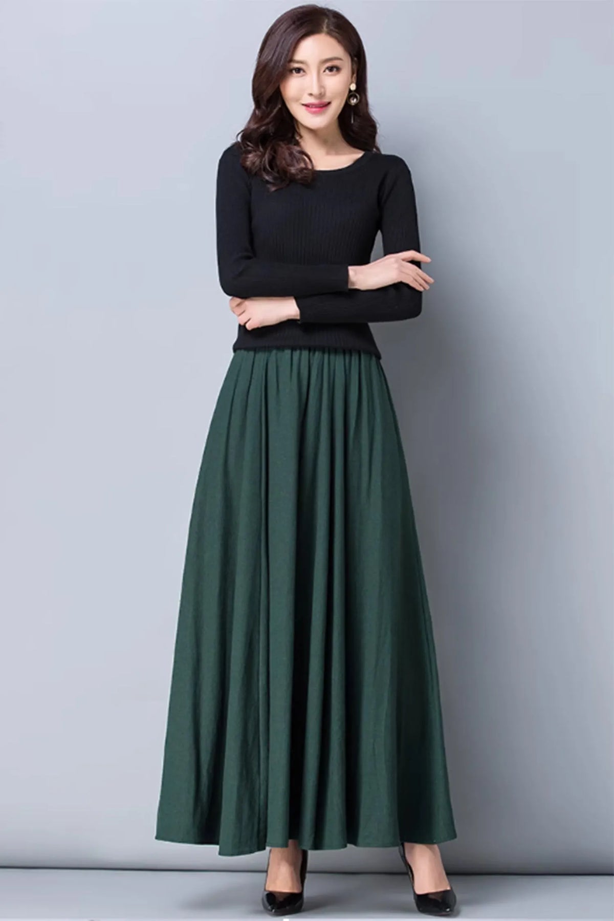 Red Linen Blend Maxi Skirt - Elastic Waist with Pockets 4871