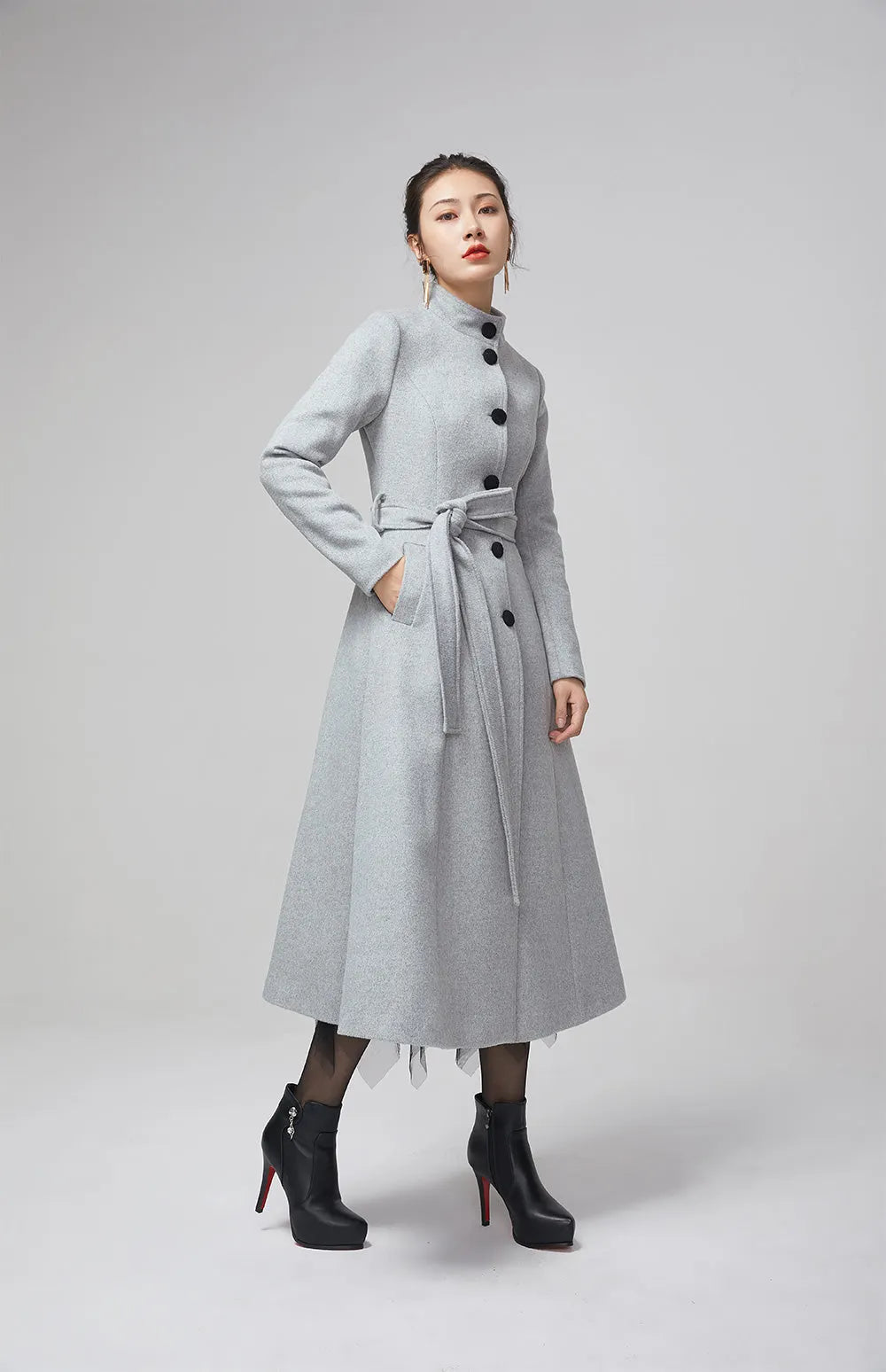 Light Grey Wool Coat – Women’s Vintage Stand Collar Winter Midi Coat with Belt 2205