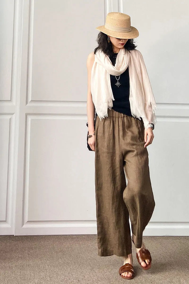 Beige Cotton Linen Wide Leg Pants - Loose Fit with Elastic Waist 3496