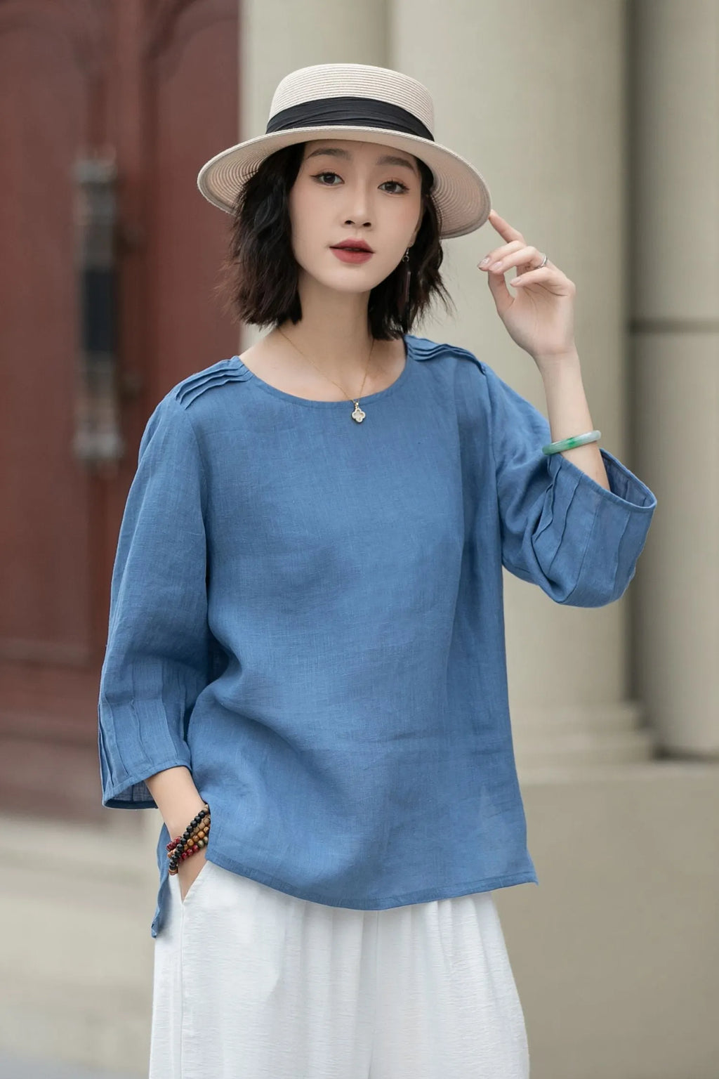 Blue Linen Blouse - Loose Fit with Boat Neckline 5221