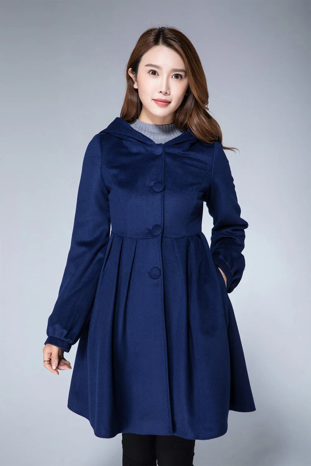 Navy Blue Hooded Wool Coat – Lantern Sleeve Winter Short Coat 