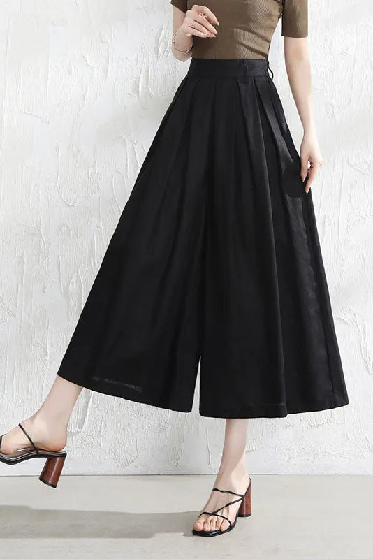 Wine Red Linen Wide Leg Pants - Back Elastic Waist, Front Pockets 3528