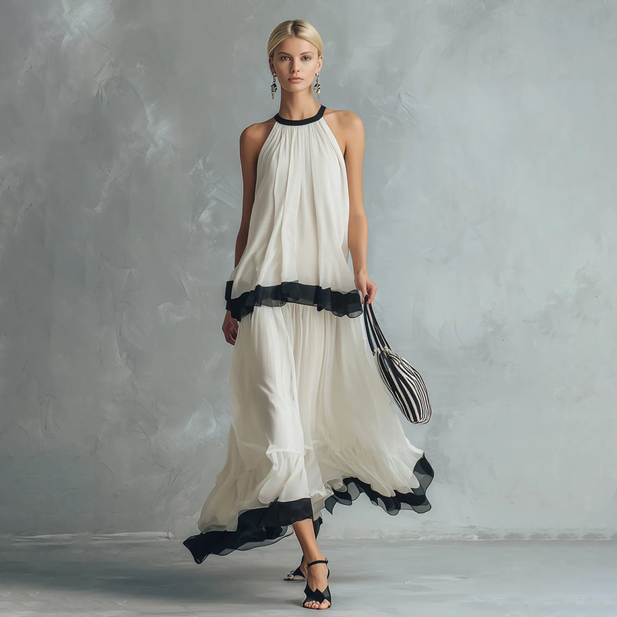 Elegant Minimalist Colour-blocked Ivory Chiffon Halter-neck Top And Maxi Skirt Ensemble