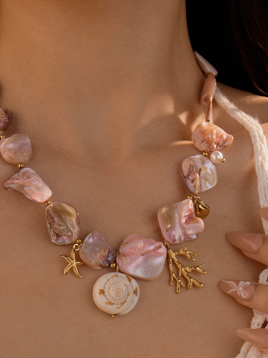 Beach Style Pink Shell Coral Stainless Steel Necklace