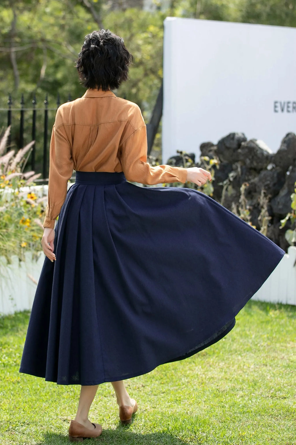 Deep Navy Linen Cotton Midi Skirt High Waist 