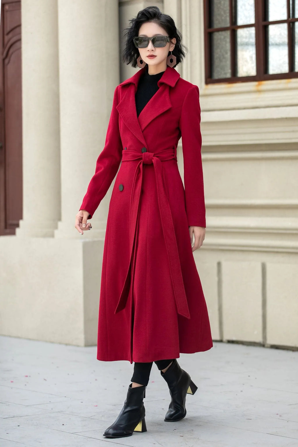 Red Wool Maxi Coat - Double-Breasted Fit & Flare Silhouette 5348