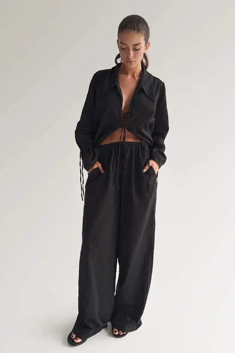 Collared Tie Front Sheer Shirt Pants Set