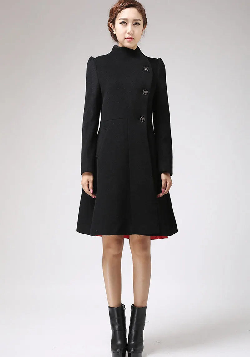 Black Wool Coat Dress – High Neck Vintage Fit-and-Flare Overcoat 715