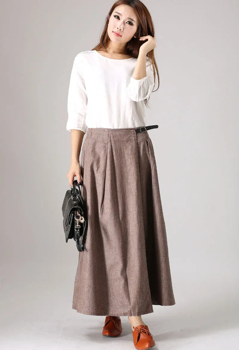 Casual Brown Pleated Linen Maxi Skirt – Handmade Long Flowy Skirt 
