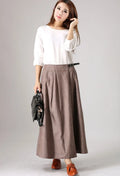 Casual Brown Pleated Linen Maxi Skirt – Handmade Long Flowy Skirt 