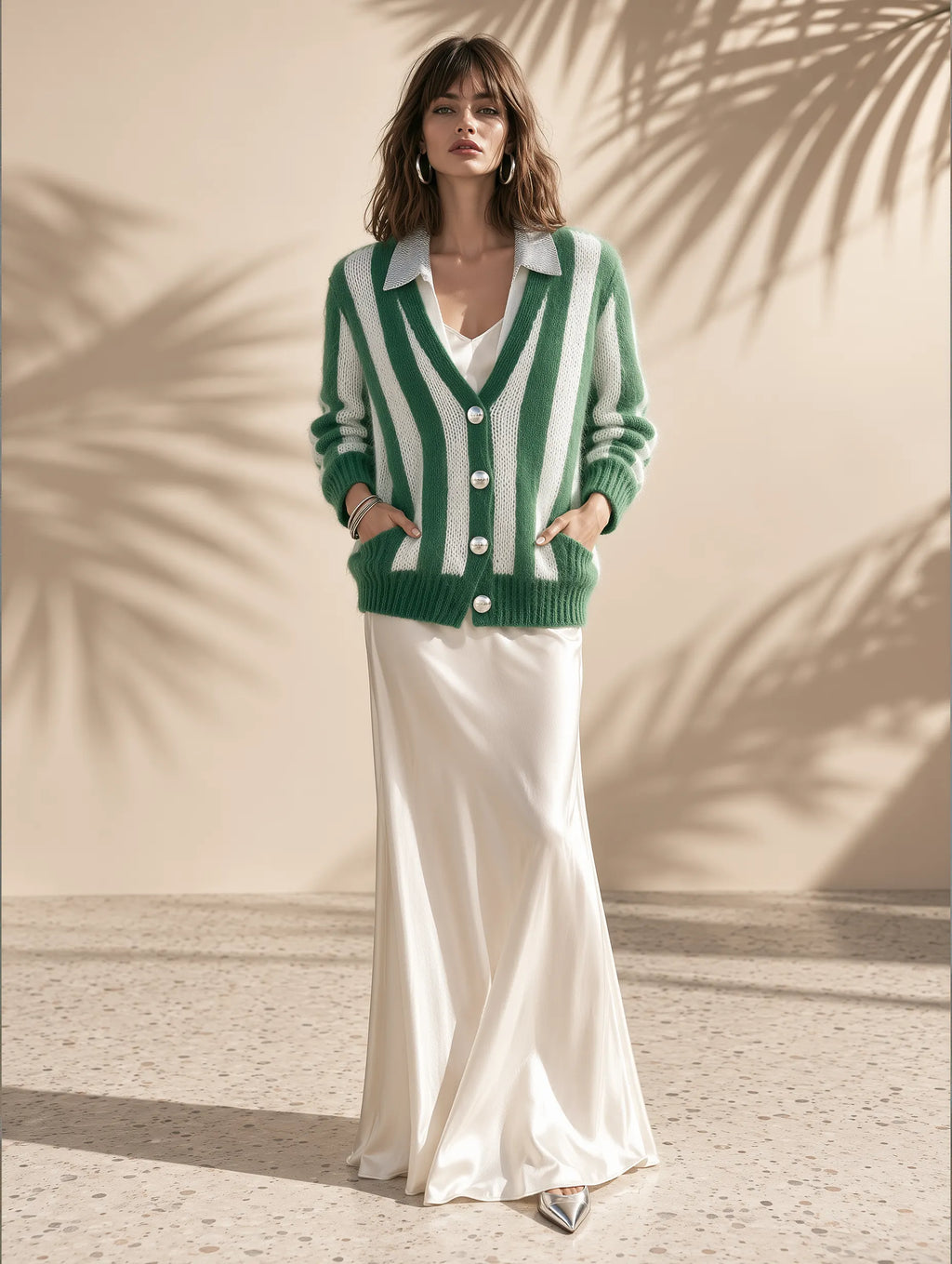 Chic Vacation-style Green And White Striped Mohair Cardigan