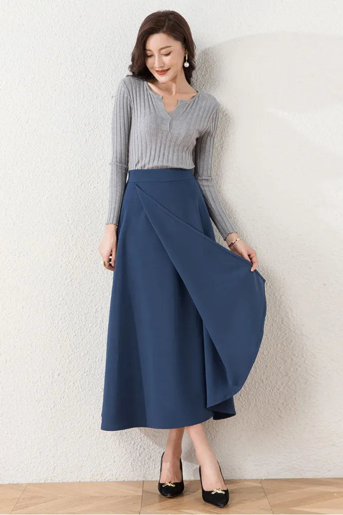 Brown Cotton Blend A-Line Long Skirt - Asymmetrical and High Waist 40