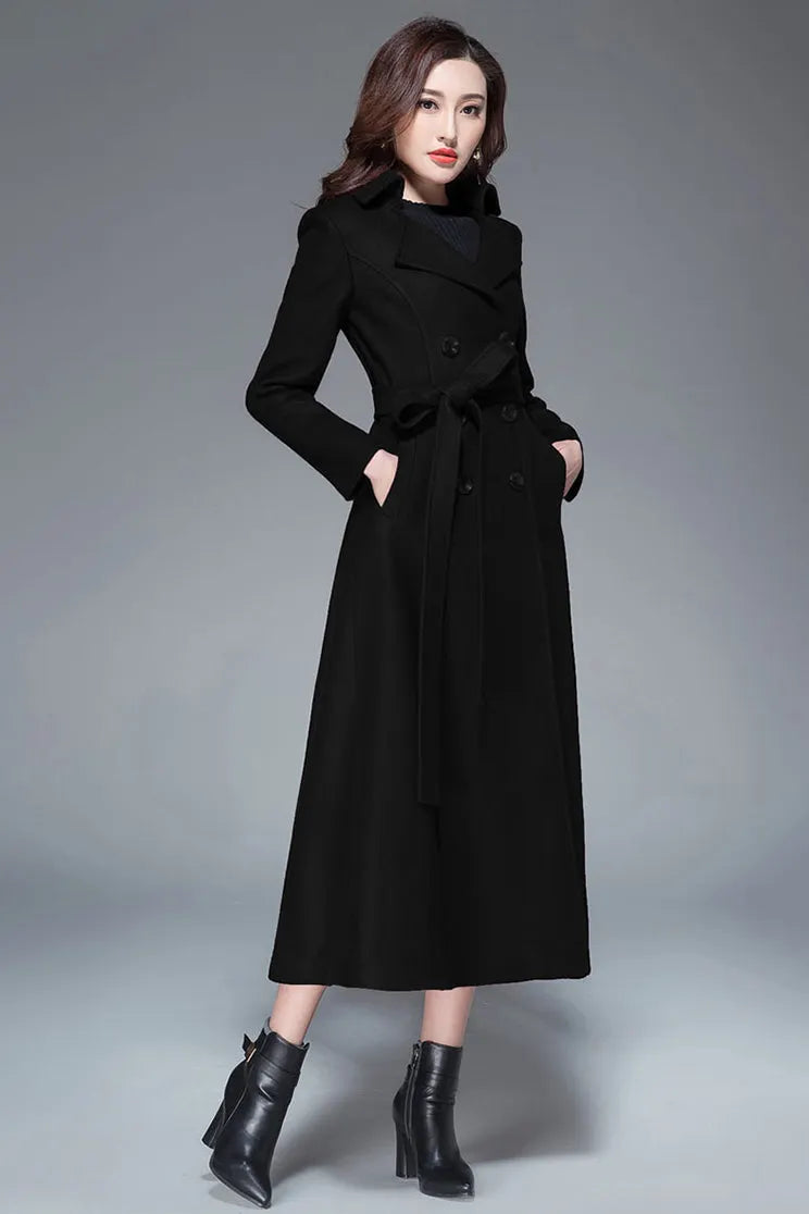 Handmade Light Gray Wool Coat – Elegant Double-Breasted Belted Long Overcoat 