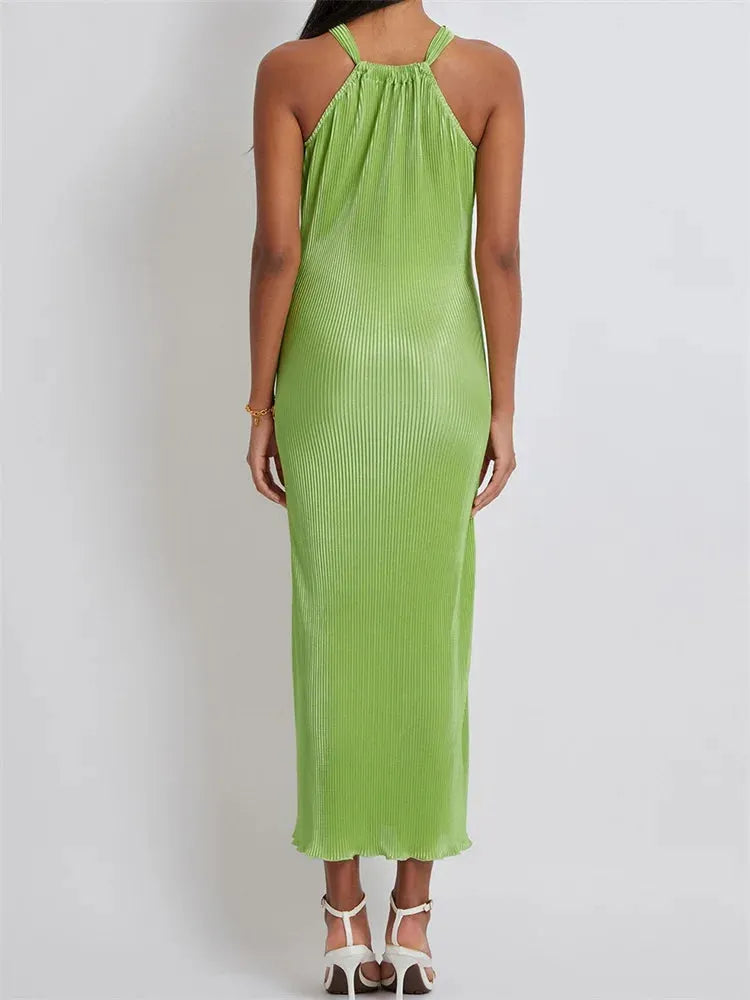 Women Cocktail Solid Color Halter Neck Sleeveless Off Shoulder Ruched Summer Evening Party Vestidos