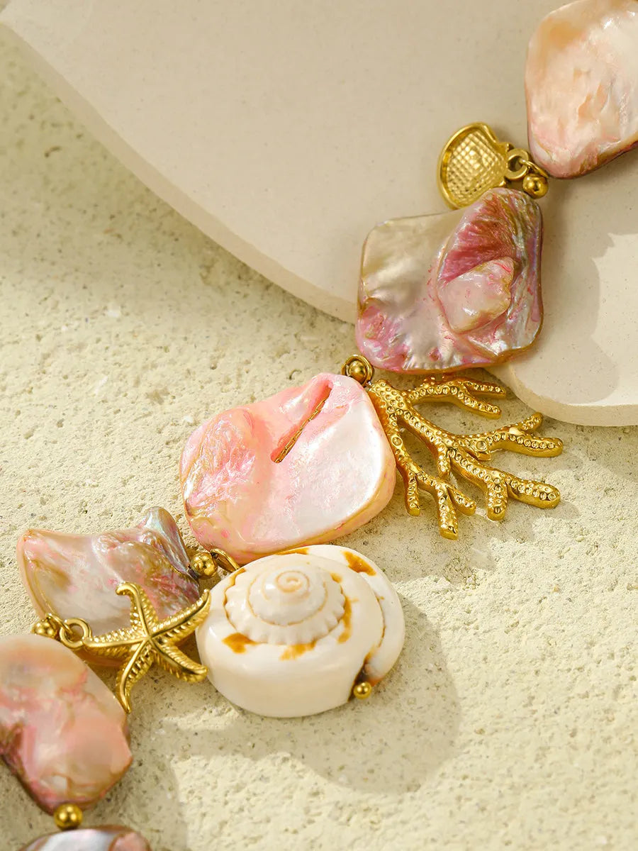 Beach Style Pink Shell Coral Stainless Steel Necklace