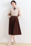 Brown Button Front Midi Skirt – Vintage A-Line Cotton Blend Skirt with Pockets 2521