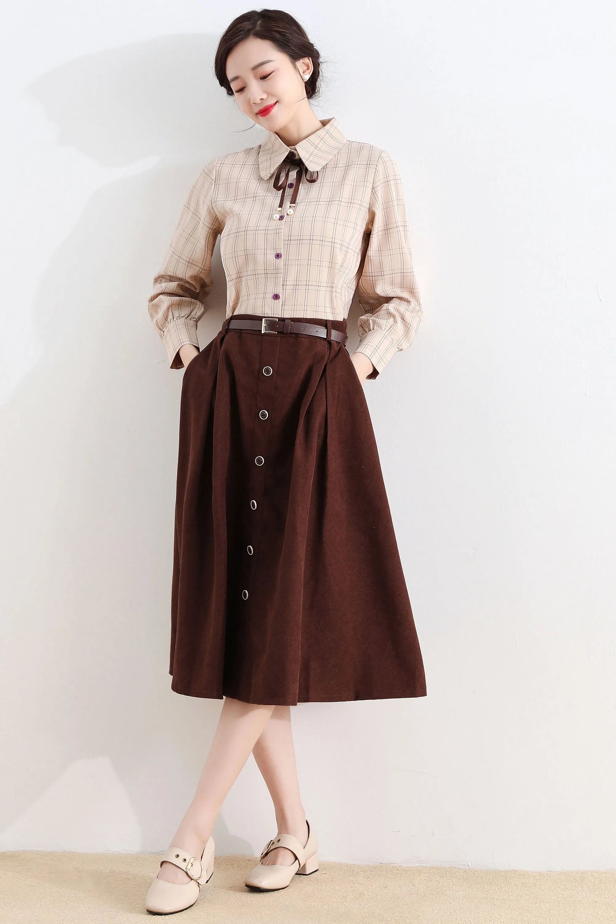Brown Button Front Midi Skirt – Vintage A-Line Cotton Blend Skirt with Pockets 2521