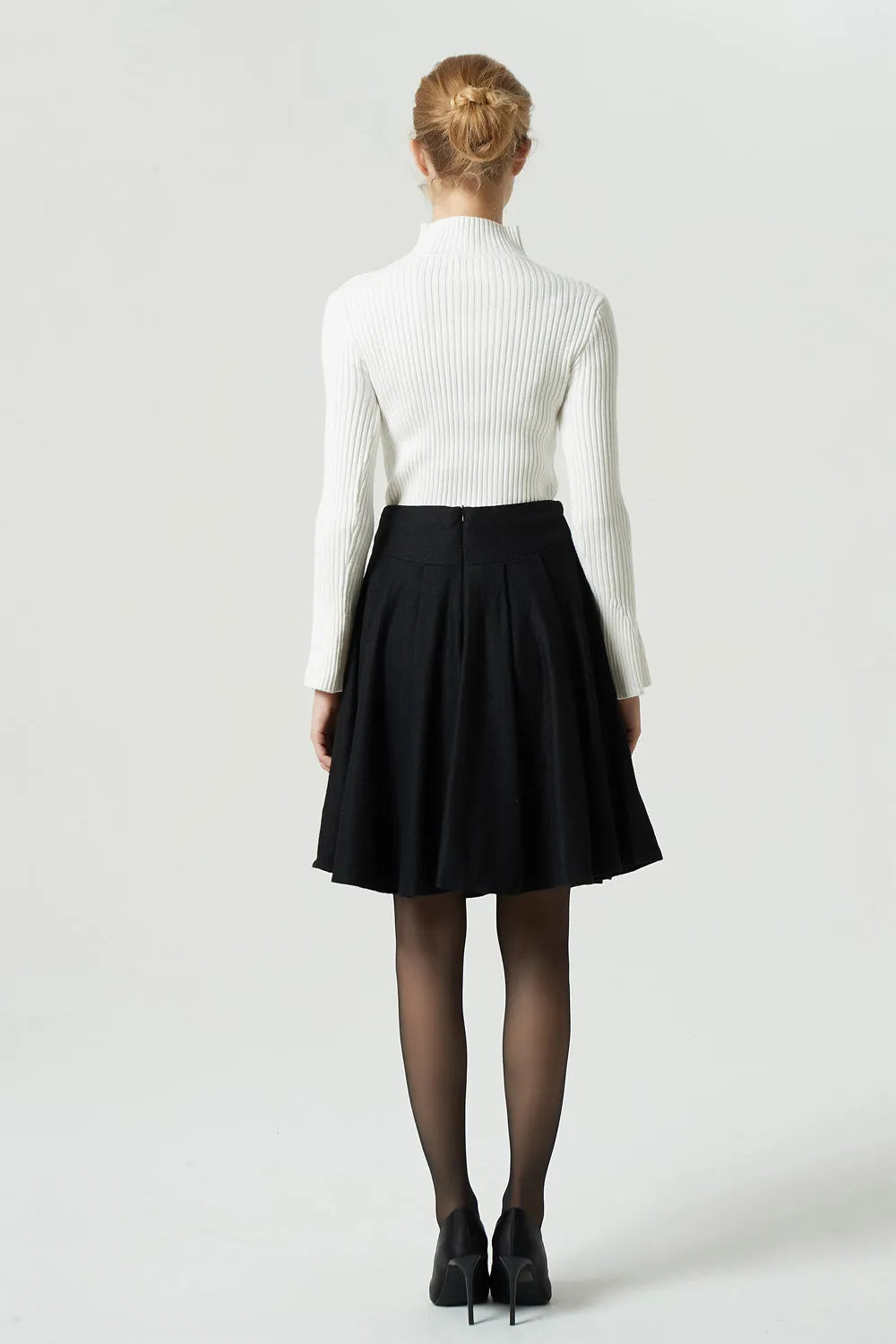 Black Wool Skater Skirt - Pleated Midi with Wide Waistband 1990