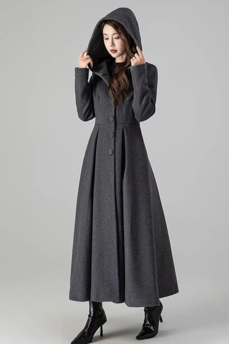 Dark Grey Wool Coat - Long Swing with Hooded Neck 4507